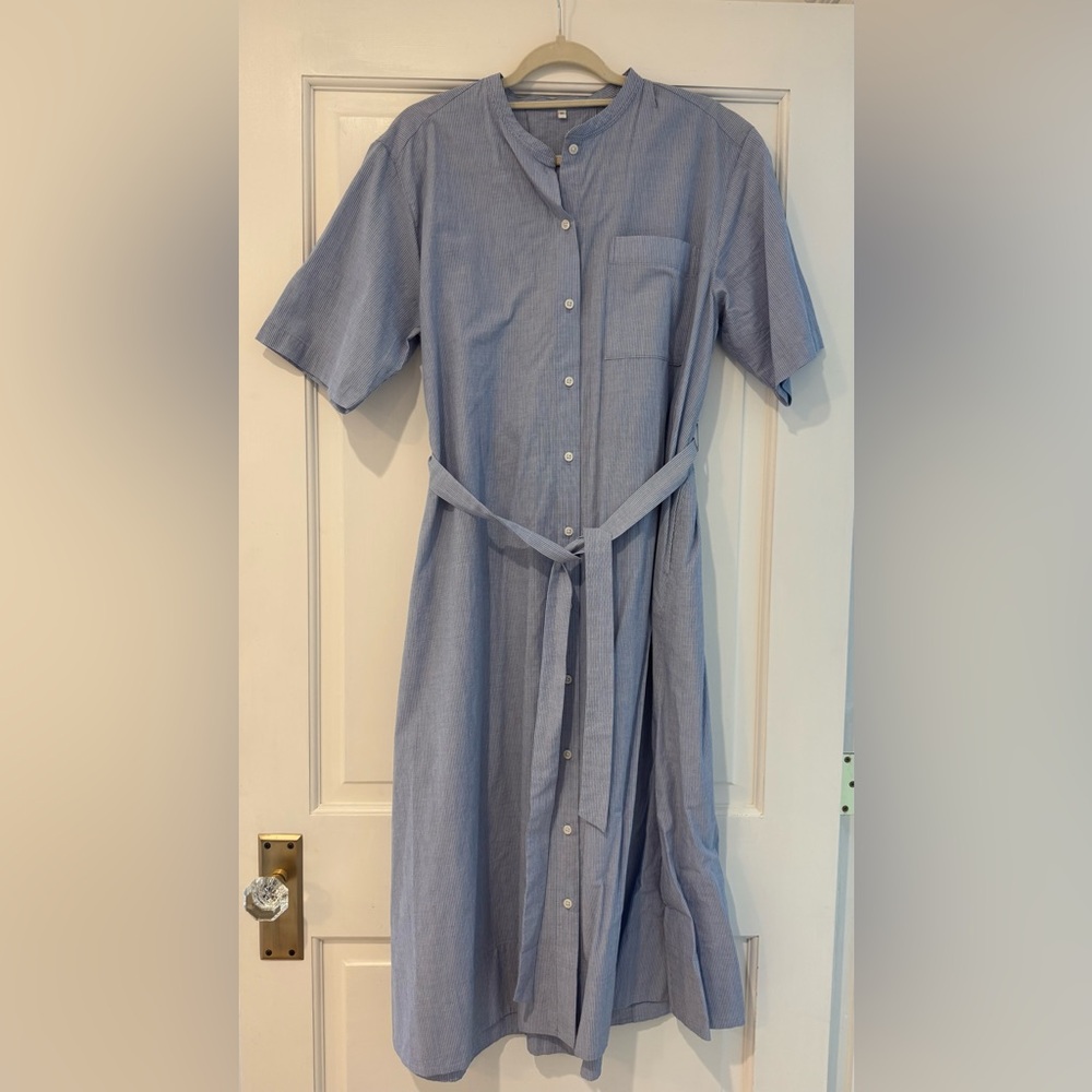 MUJI Classic Peplum Button-Front Blue Shirt Dress with Waist Tie